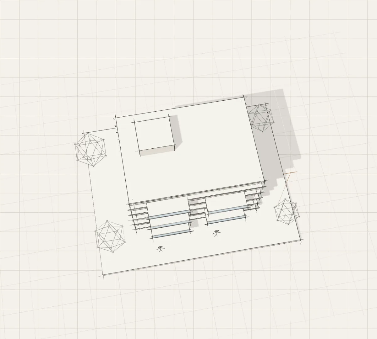 An aerial sketch of a multi-storey apartment building showing the roof, roof core, stacked balconies and site