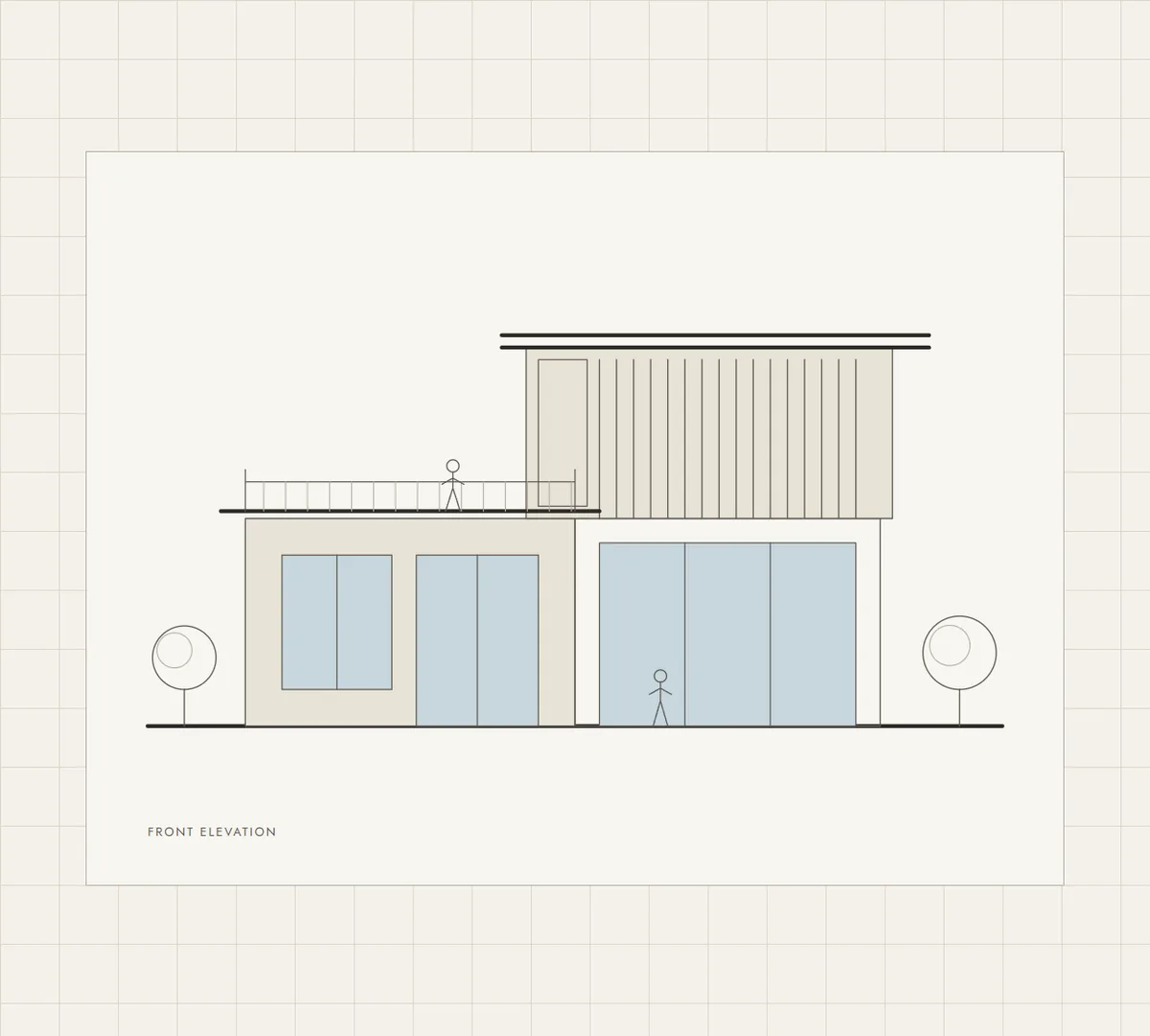 A front elevation drawing of a two-storey house with glazed openings, a timber louvred upper floor, a terrace railing, trees and human figures
