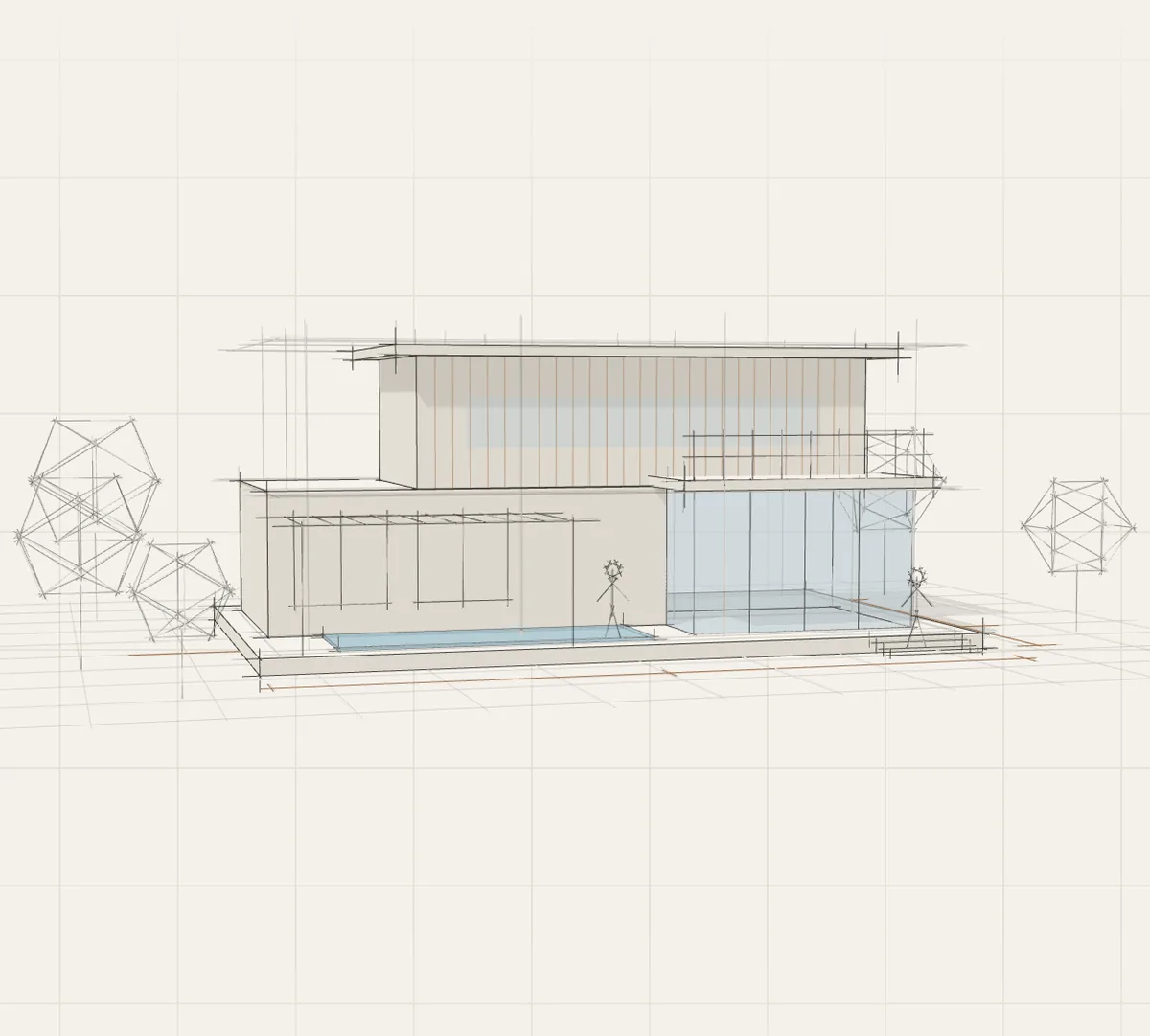 A pencil-style front elevation of a two-storey villa with a glazed ground floor, timber louvres, a pergola and human scale figures
