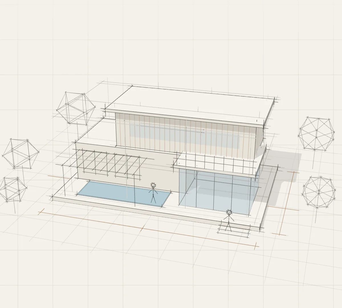 An architectural sketch of a modern two-storey villa: structural grid, slabs, a glazed living pavilion, timber louvres and a pool