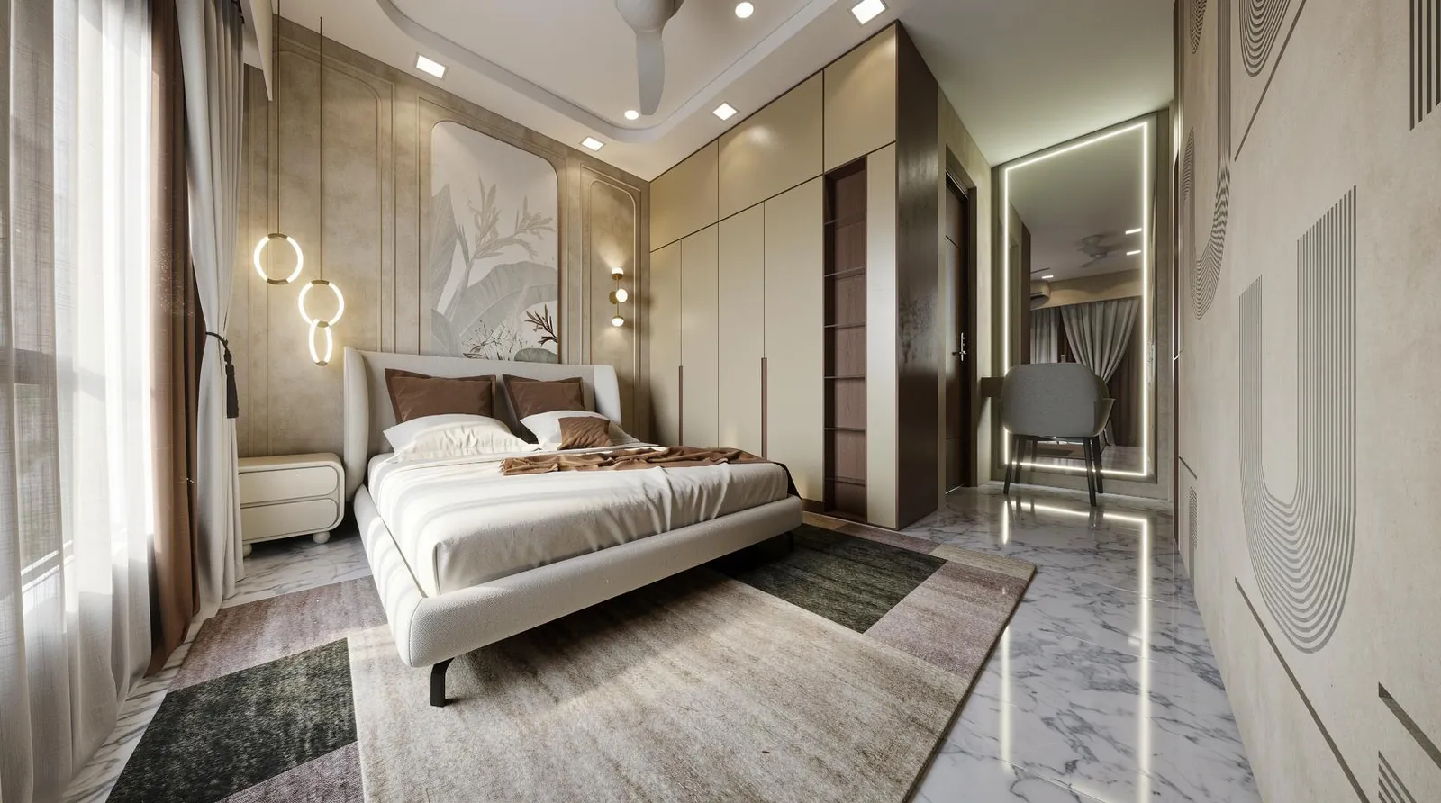 A bedroom with a cream upholstered bed, wall panelling with a botanical motif, built-in wardrobes, a lit full-height mirror and a patterned rug on marble flooring