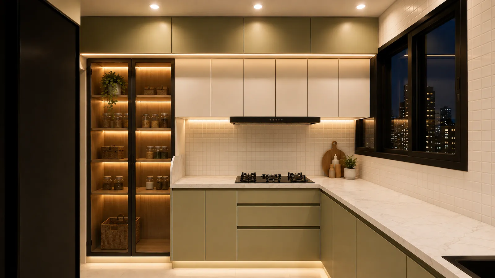 An L-shaped kitchen in sage green and cream with a backlit glass pantry unit, a white tiled backsplash and a marble counter