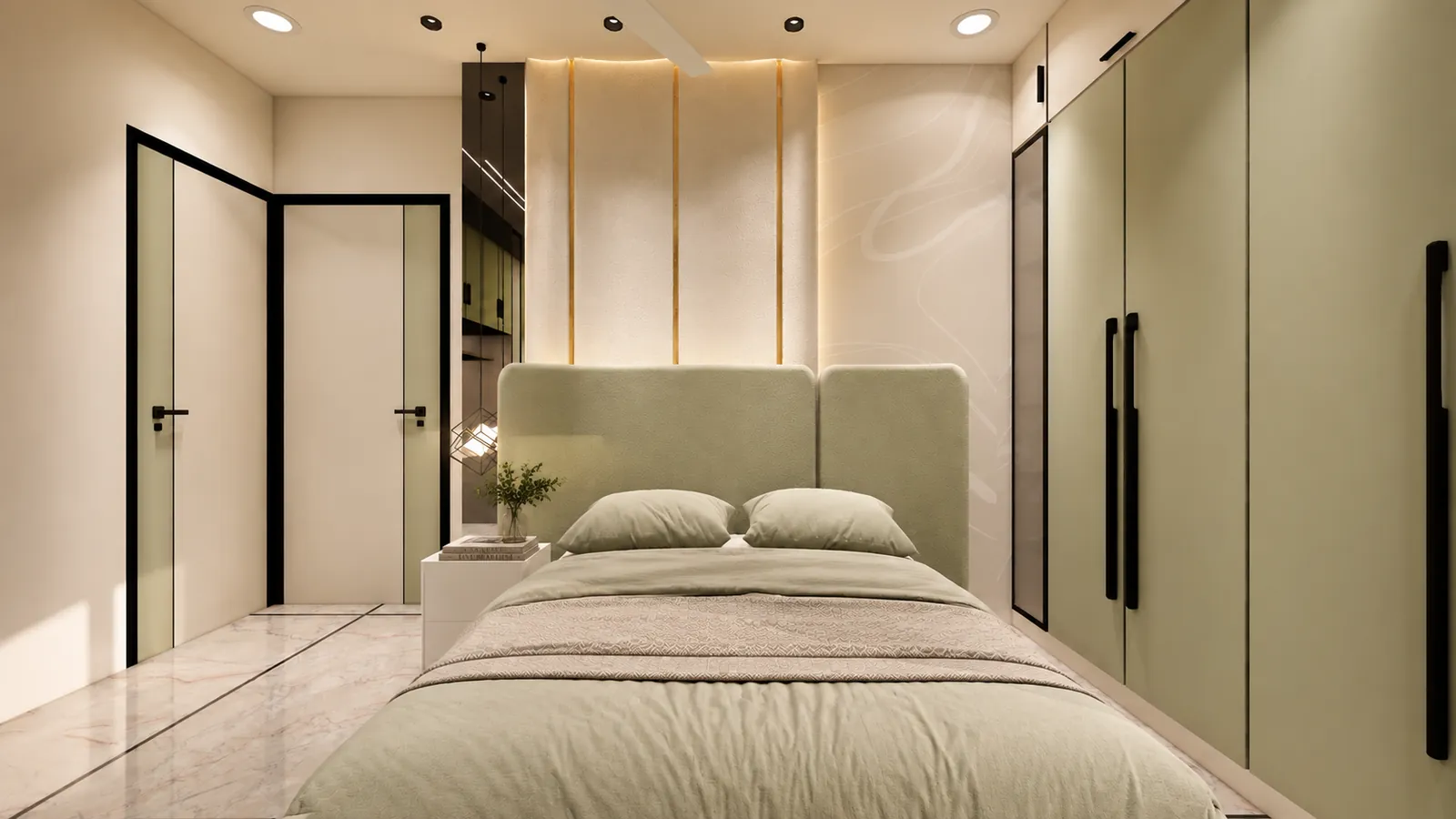 A bedroom with a sage green upholstered bed, sage wardrobes with black handles, a backlit panelled wall and black-framed doors