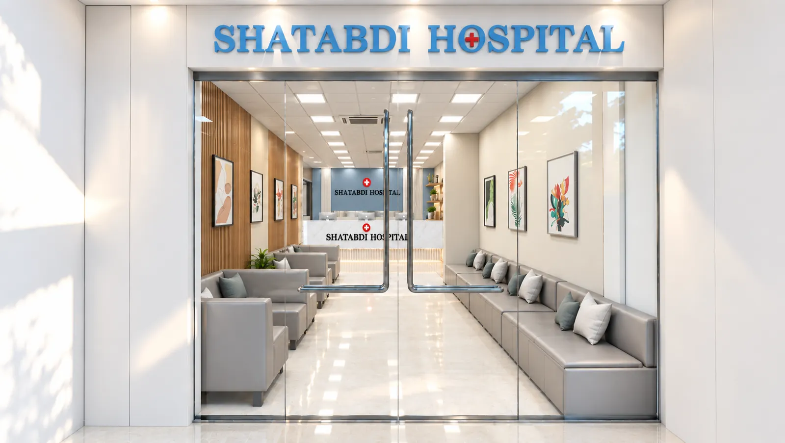 The glass entrance to Shatabdi Hospital with a sign above the door, timber panelled walls and grey seating along both sides