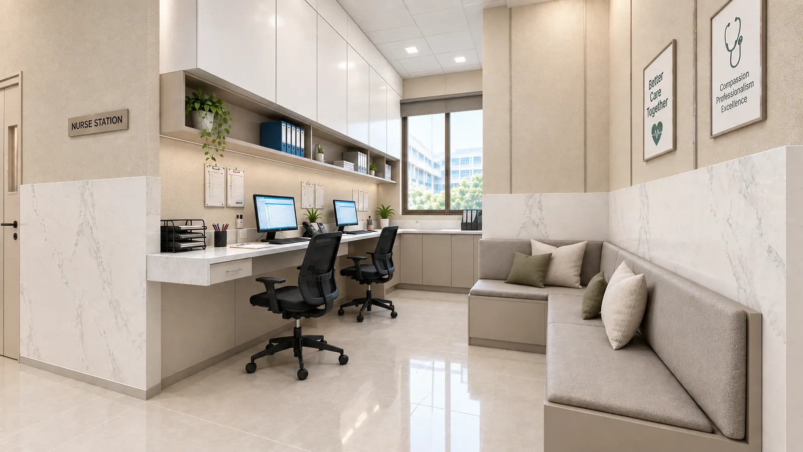 A nurse station with a white counter, two workstations, wall shelving and a corner bench under framed health messages